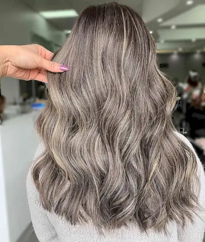 Mid-Long Dimensional Ash Brown Balayage Hair with Blonde Highlights