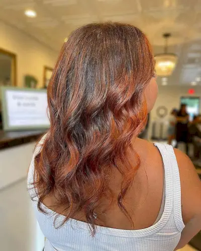 Pumpkin Spice Highlights on Mid-Length Dark Hair