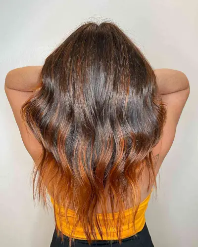 Long-Length Brown Hair with Pumpkin Spice Ombre Highlights