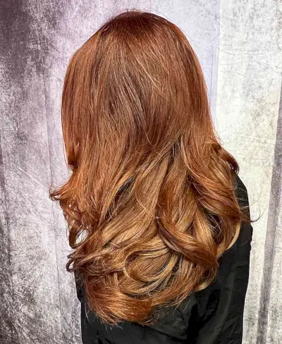 Muted Pumpkin Spice Hue with Mid-Long Thick Haircut