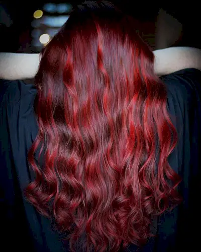 Ruby Red Balayage for long dark hair