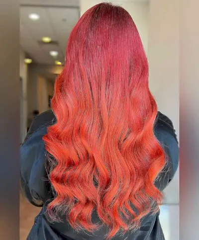 Bright Red Balayage Ombre on Long Hair