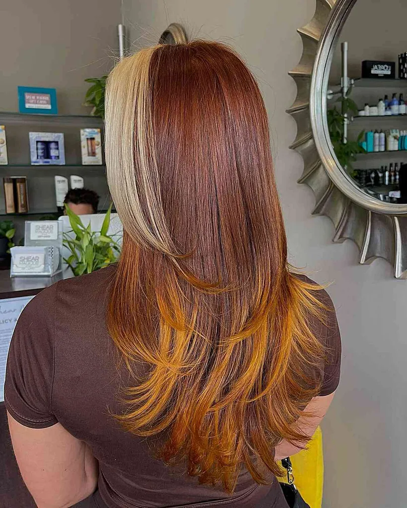 Auburn Balayage rudi ilgi plaukai su blondine Money Piece ir šviesesniais galiukais' title=