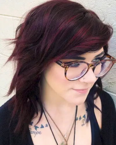 Burgundy Highlights on Short Dark Hair with Side Bangs