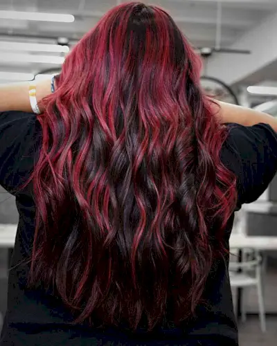Black Long Tresses with Crimson Red Highlights