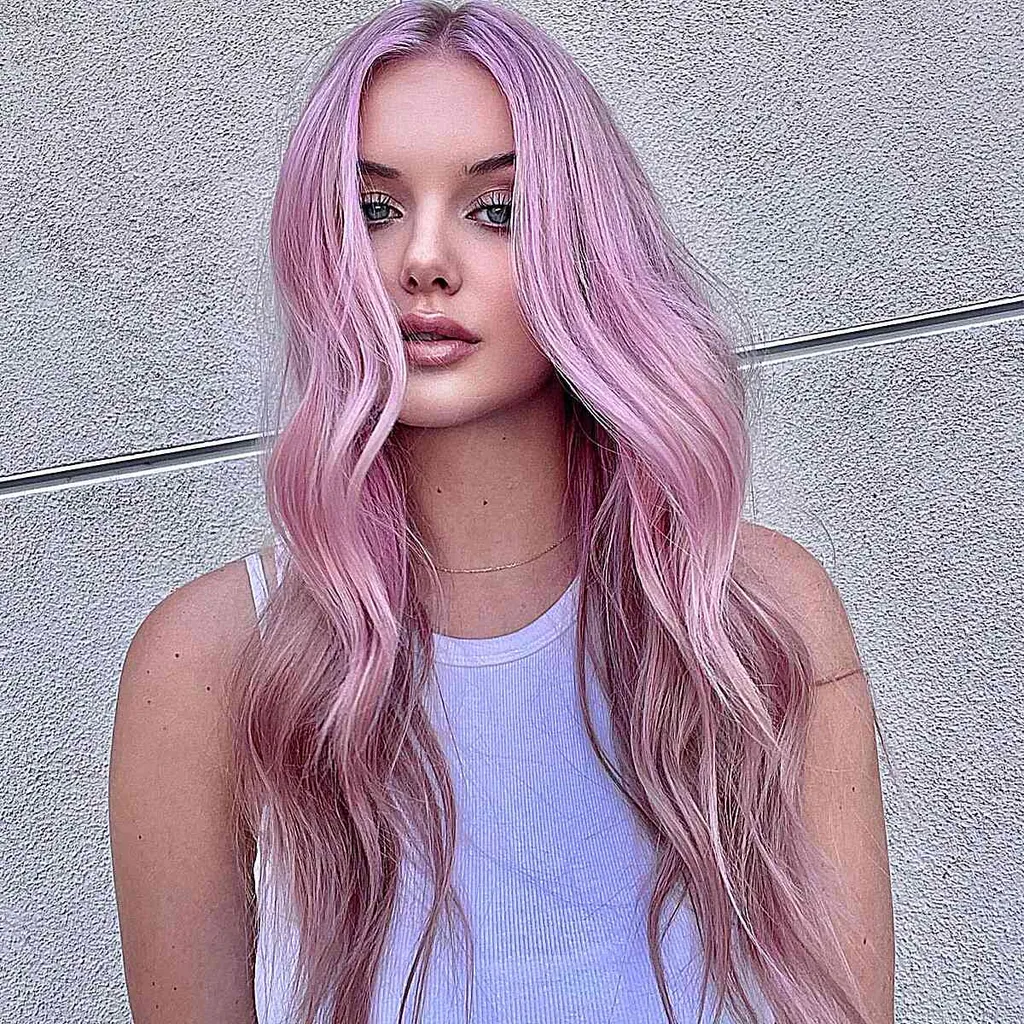 O cabelo longo rosa mais bonito com ondas e parte central com raízes escuras' title=