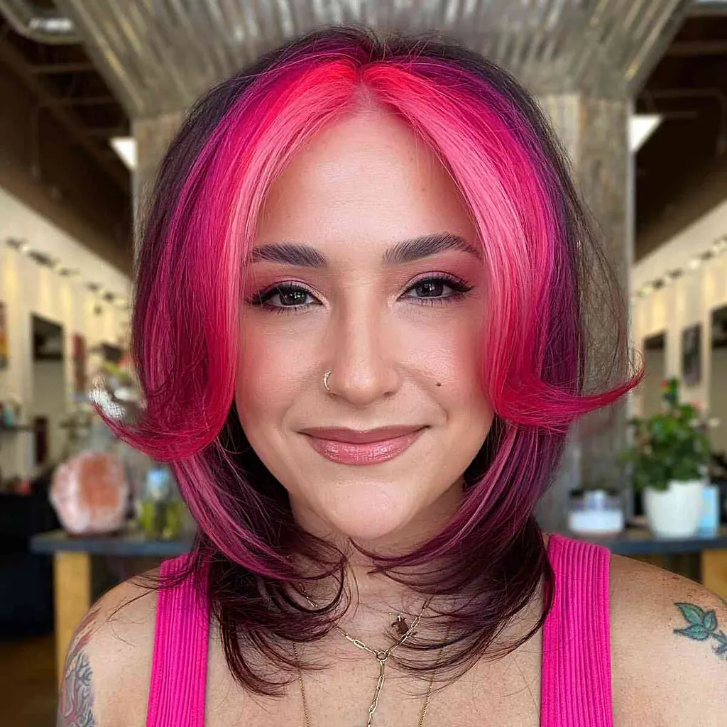 Pedaço de dinheiro rosa vibrante em cabelo castanho curto' title=