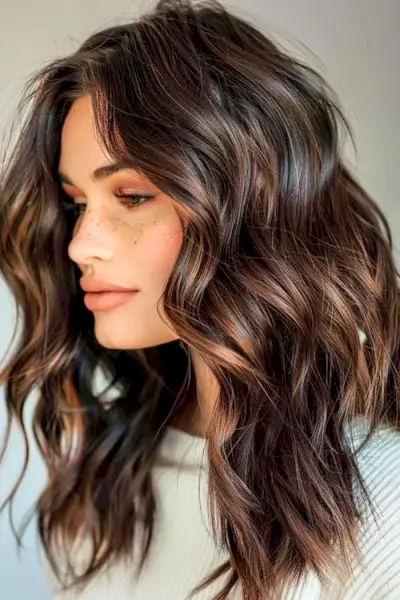 キャラメル入りのダークチョコレートは、ダークブラウンの髪の色のアイデアを強調します。