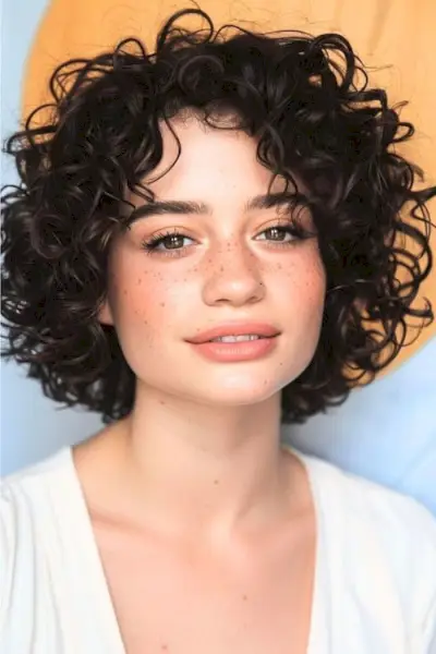 エスプレッソ ブラウンの短い巻き毛のヘアスタイル。
