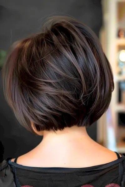 トフィーを添えたダークチョコレートのボブは髪の色を強調します。