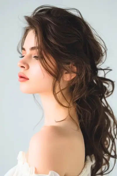 ダークモカブラウンの乱れたポニーテール。