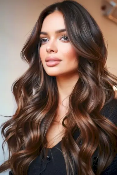 ブロンズのハイライトが入ったエスプレッソブラウンの髪色。