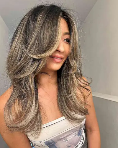Warm Beige Blonde Highlights and Money Piece for Long Layered Hair