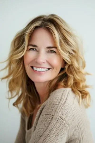 笑顔の年配の女性にキャラメルトーンの金色のブロンド。