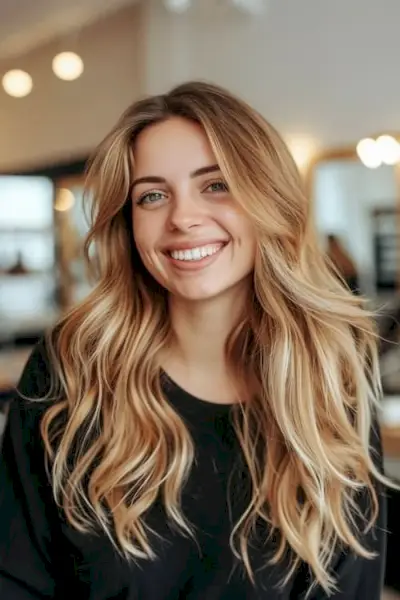 笑顔の女性に蜂蜜、キャラメル、金色のブロンドの髪の色。