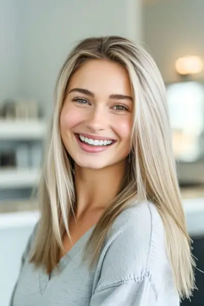 ストレートベビーブロンド/パールブロンドのヘアカラー。