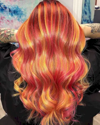 long hair with yellow and pink balayage