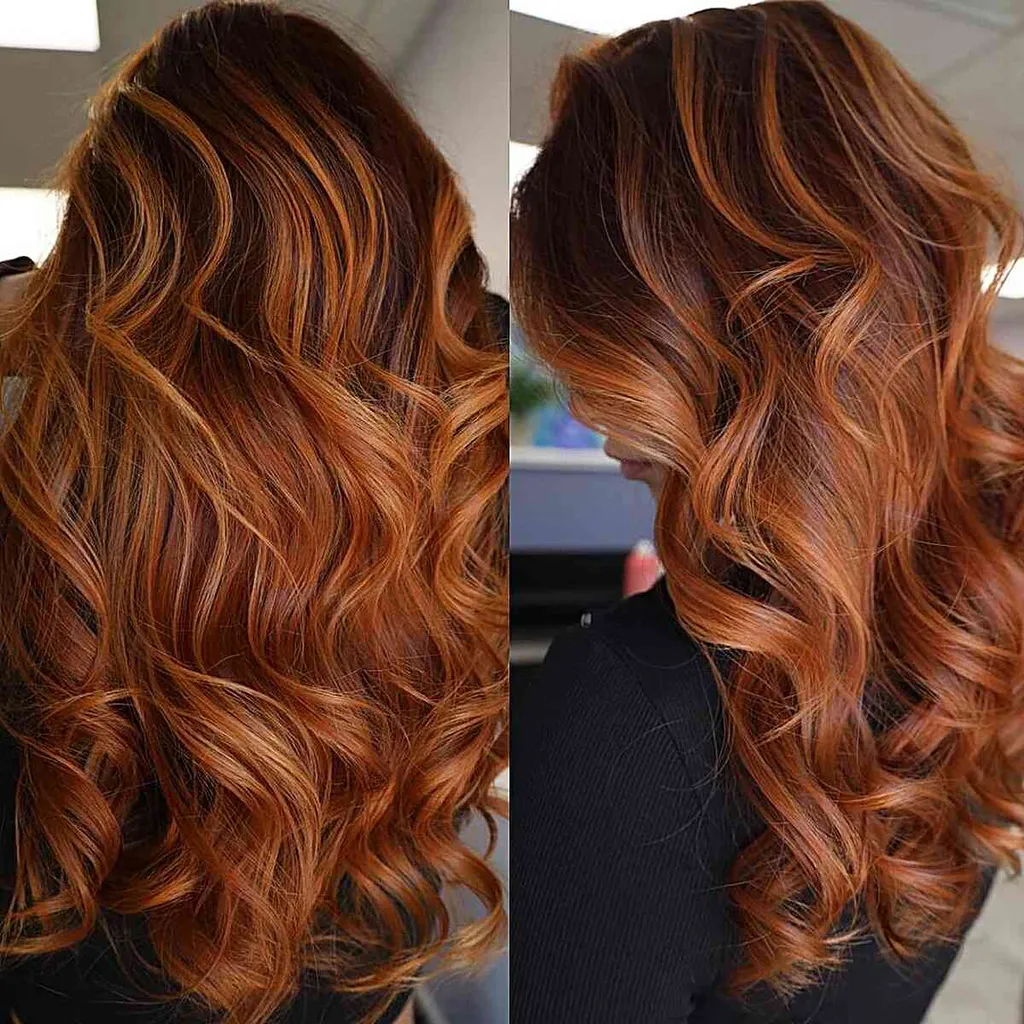 하이라이트가 있는 갈색 빨간색 긴 머리' title=