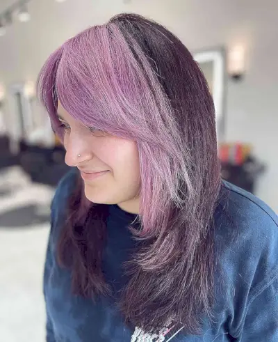 Dark Midnight Purple with Bright Purple Face-Framing Highlights and Bangs