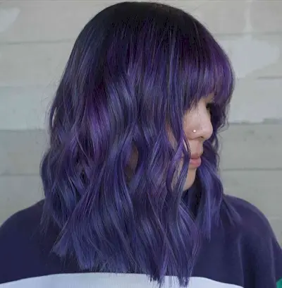Medium Midnight Dark Purple Beach Waves with Bangs