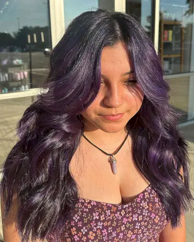 Midnight Purple Grape Soda Balayage for Long Wavy Hair
