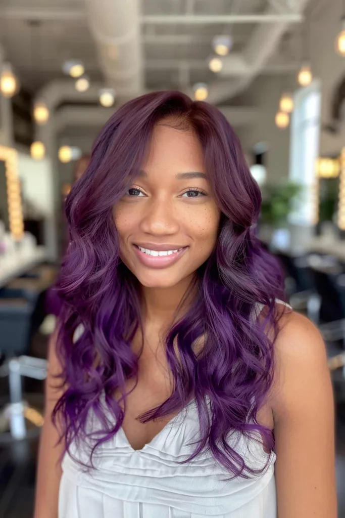 Fioletowy kolor włosów na brązowej skórze' title=