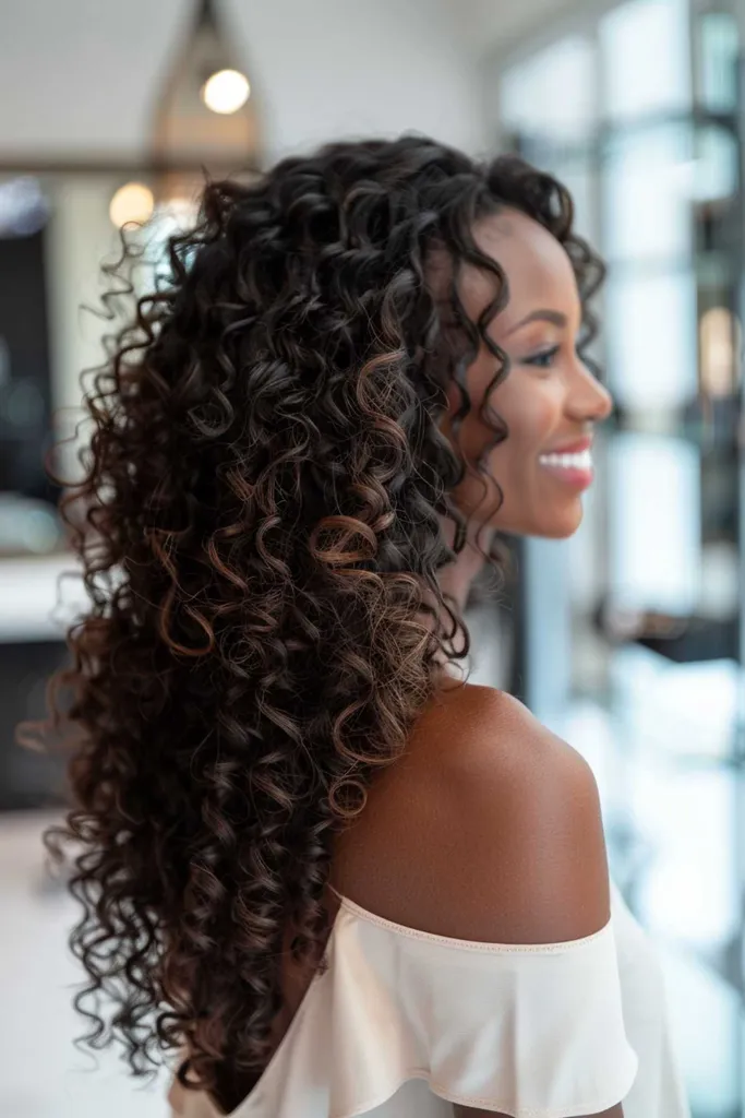 Ciemne włosy z subtelnymi brązowymi refleksami balejażu dla brązowej skóry' title=