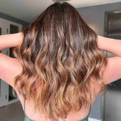 Light Chocolate Brown Hair with Copper Balayage Gold Highlights