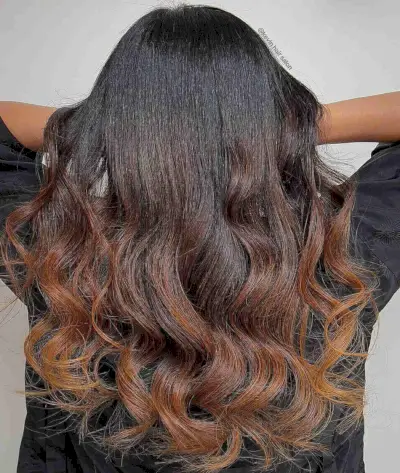 Copper Balayage Brown Highlights on Black Hair