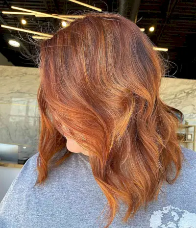 Vivid Copper Caramel Balayage on Medium Hair