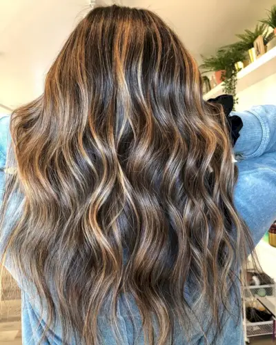 very dark brown hair with caramel blonde highlights
