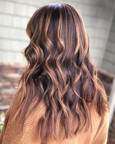 dark reddish brown hair with caramel highlights