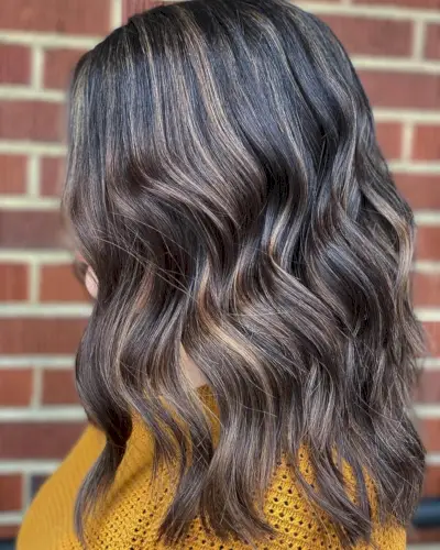 shoulder length dark ash brown hair with caramel highlights
