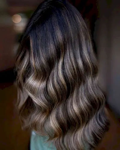 Rooted Dark Brunette with Caramel Streaks 