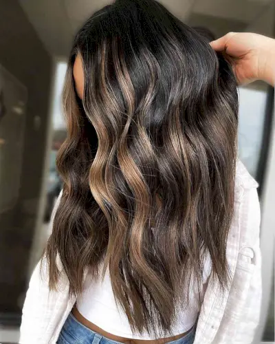 Brassy-Caramel Highlights on Dark Brown Hair
