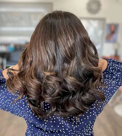 Chocolate Caramel Brown Balayage Highlights with Curly Ends on Mid-Length Dark Brunette Hair
