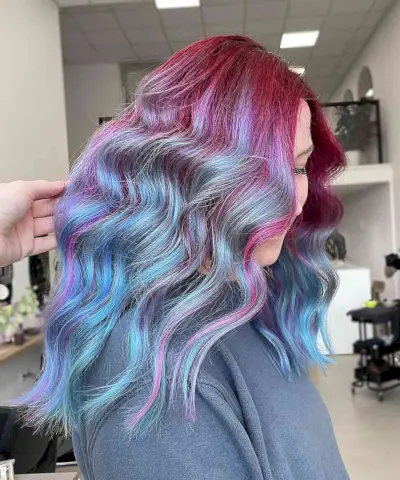 Mid-Length Cotton Candy Blue Hair with Dark Pink Roots