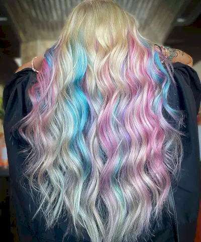 Long Blonde Mermaid Hair with Cotton Candy Pastel Accents