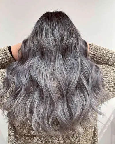 Ash Silver Balayage with Dark Roots for Long Tresses