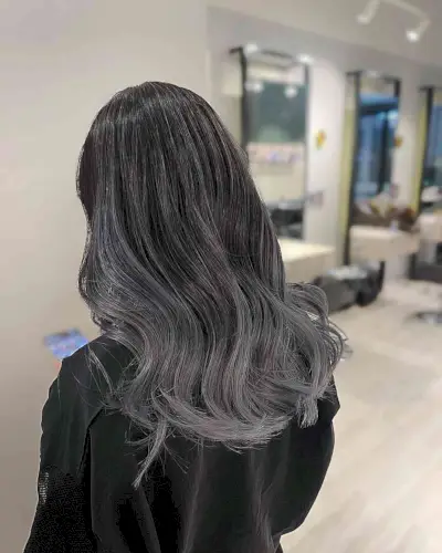 Mid-Length Dark Hair with Grey Silvery Balayage Ends