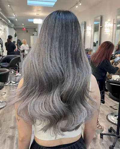 Long Soft Silver Ombre Balayage Hair with Black Roots