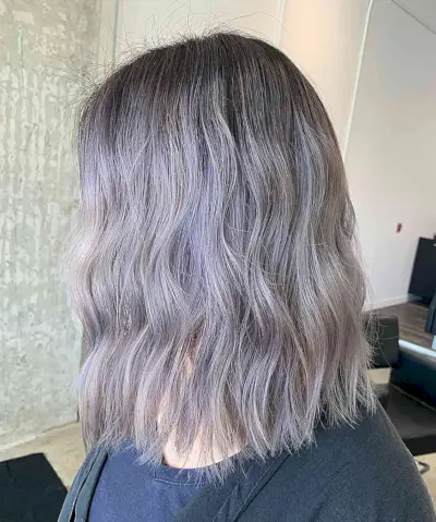 Smoky Bright Silver Balayage Lob with Root Smudge