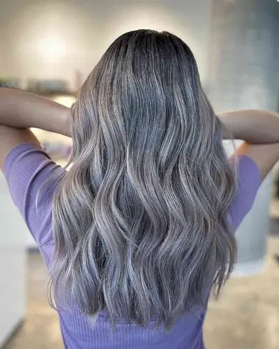 Dark-Rooted Ashy Silver Balayage Long Hair