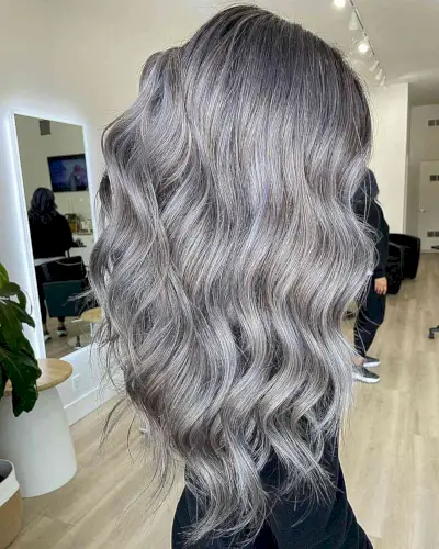 Long Wavy Silver Balayage Hair with Dimensional Silver Tones
