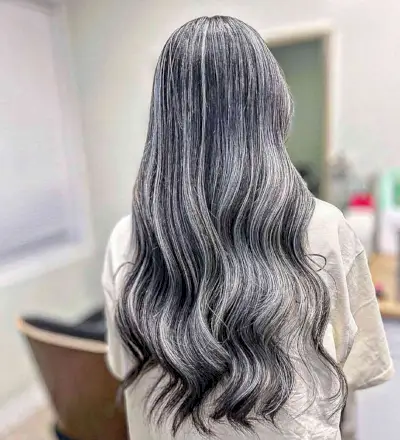 Long-Length Black Hair with Bright Silver Balayage Streaks