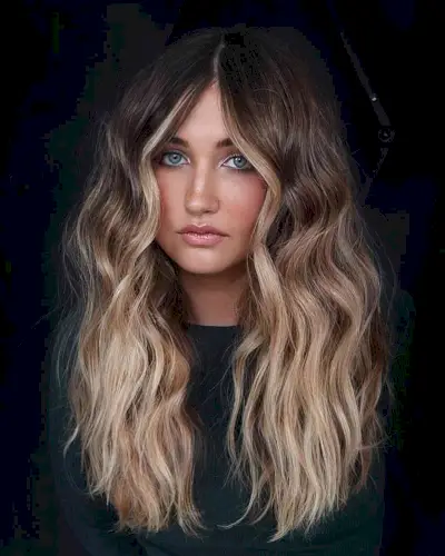 Lived-In Brunette Ombre with a Money Piece on women with fair skin and long hair