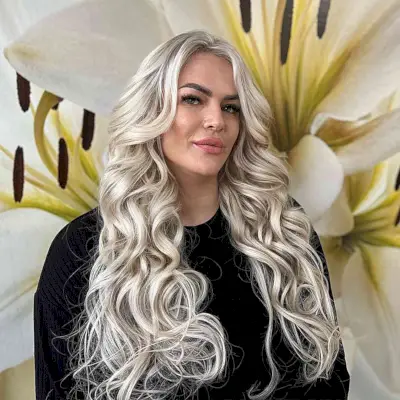 Perfect Platinum Curls on very long hair with curled wispy tips