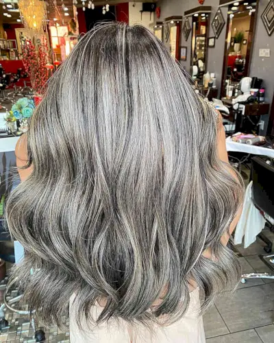 Dark Platinum Silver Blonde Balayage Highlights on Long Brunette Hair