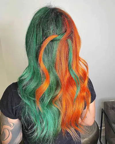 Green-Orange Split Dye on Long Tresses