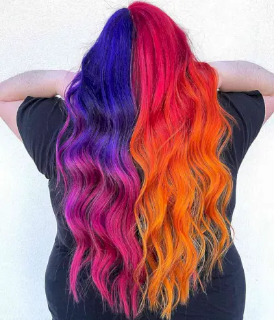 Double Sunset Split Dye with Blue, Red, Purple and Orange Tones